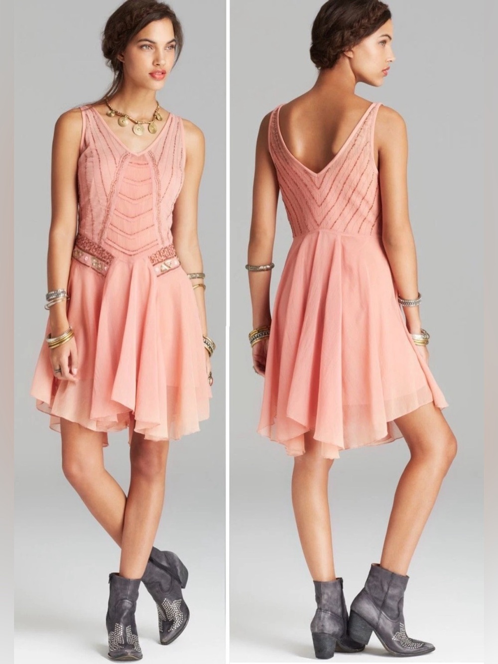 Free People F709Y547 Peach Crinkle Chiffon Pop Champagne Beaded Dress - NWT